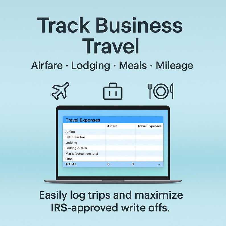 A product feature image showcasing business travel expense logging with airfare, lodging, meals, and mileage. Icons of a plane, hotel, and car add clarity. Screenshot displays a real travel expenses sheet for accuracy. Body text emphasizes maximizing IRS-approved write-offs. Designed for consultants, contractors, and self-employed taxpayers.
