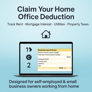 Promotional image highlighting the home office deduction section with square footage and expense categories. Icons emphasize tax savings for rent, utilities, mortgage interest, and property taxes. Screenshot zooms in on the Business Use of Home calculator. Body text assures self-employed professionals that everything is simplified. Targeted at freelancers and small business owners working from home.