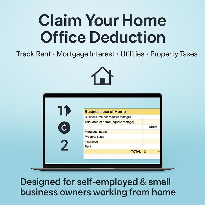 Promotional image highlighting the home office deduction section with square footage and expense categories. Icons emphasize tax savings for rent, utilities, mortgage interest, and property taxes. Screenshot zooms in on the Business Use of Home calculator. Body text assures self-employed professionals that everything is simplified. Targeted at freelancers and small business owners working from home.