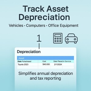 A clean infographic displaying the depreciation sheet with real examples like a Toyota 2023 asset entry. Icons of a car and calculator emphasize tax accuracy. Screenshot demonstrates detailed annual depreciation tracking. Body text highlights simplifying complex IRS rules and ensuring compliance. Best for small business owners managing vehicles, computers, and office equipment.