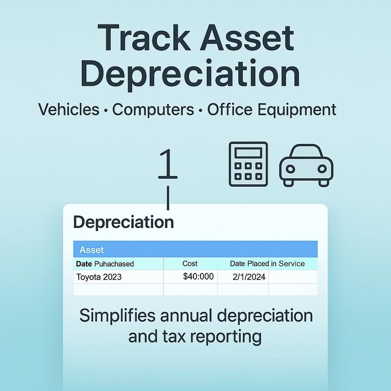 A clean infographic displaying the depreciation sheet with real examples like a Toyota 2023 asset entry. Icons of a car and calculator emphasize tax accuracy. Screenshot demonstrates detailed annual depreciation tracking. Body text highlights simplifying complex IRS rules and ensuring compliance. Best for small business owners managing vehicles, computers, and office equipment.
