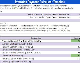 Extension Payment Calculator | Estimate Federal & State Payments with Safe Harbor | Excel GoogleSheet Template
