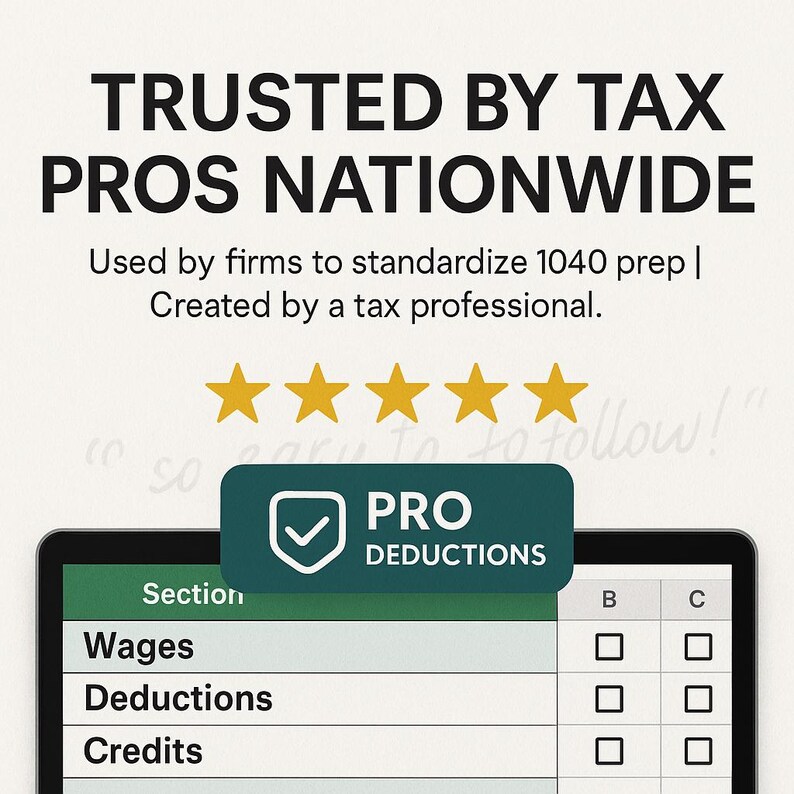 Trusted by tax preparers and accountants nationwide. Five-star rating visuals and customer quotes build confidence. Created by a tax professional for real-world use. Designed to standardize 1040 preparation and improve accuracy. Professional credibility for firms and solo practitioners alike.