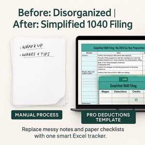 Before: disorganized paper notes. After: simplified Excel-based 1040 filing system. Visual comparison highlights transformation from manual to digital workflow. Helps preparers move from chaos to clarity. Essential upgrade for accountants modernizing their process.