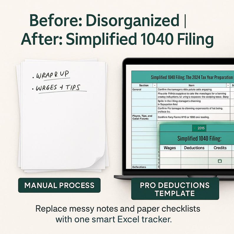Before: disorganized paper notes. After: simplified Excel-based 1040 filing system. Visual comparison highlights transformation from manual to digital workflow. Helps preparers move from chaos to clarity. Essential upgrade for accountants modernizing their process.