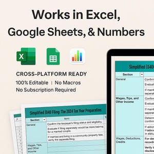 Tax preparation checklist compatible with Excel, Google Sheets, and Apple Numbers. 100% editable and cross-platform ready. No subscription or macros required for use. Ideal for offices using multiple operating systems. Provides flexibility for remote and in-office tax teams.