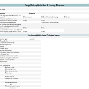 May include: A white form titled "Clergy Ministry Deductions & Housing Allowance" with sections for tax year, questions, and responses. Questions include housing status, home use for ministry, vehicle use, and ministry-related expenses. Expense types are listed below.