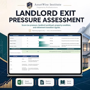 Może przedstawiać: Cyfrowy arkusz kalkulacyjny Landlord Exit Pressure Assessment wyświetlony na ekranie. Dokument zawiera sekcje dotyczące presji podatkowej, obciążenia zarządzaniem, stanu nieruchomości i sygnałów emerytalnych oraz tabelę wskaźnika wyjścia.