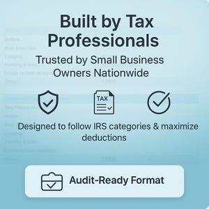 A trust-focused infographic with the header “Built by Tax Professionals” and badge “Audit-Ready Format.” Icons of shield and checkmark signal credibility. Subhead reinforces nationwide trust among small business owners. Faded screenshot background suggests professional templates. Perfect for users seeking reliable, IRS-compliant tax reporting solutions