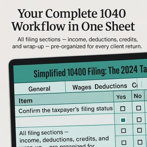 Detailed 1040 tax prep checklist Excel sheet showing clear sections for income, deductions, and credits. Includes yes-no checkboxes for each review item to ensure accuracy. Organized headers in green for easy navigation and client tracking. Ideal for professional tax firms standardizing their workflow. Provides visual clarity and built-in review structure.