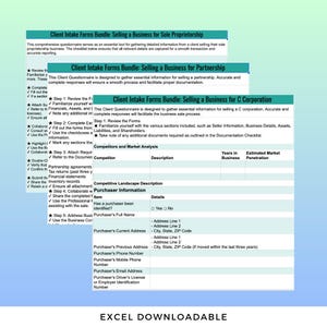 May include: A printable client intake form bundle for selling a business. The bundle includes forms for sole proprietorships, partnerships, and C corporations. The form includes sections for competitor and market analysis, purchaser information, and a checklist of documents required for the sale.