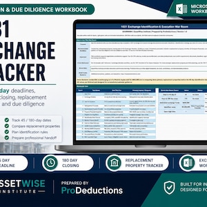 1031 Exchange Identification Tracker 45 Day 180 Day Deadline Planner Replacement Property Due Diligence Checklist Excel Spreadsheet Template