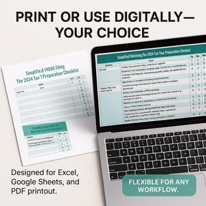 Printable and digital 1040 checklist for flexible workflows. Works in Excel, Google Sheets, or as a PDF printout. Shown side-by-side on laptop and paper format. Perfect for preparers who like both paper review and digital tracking. Designed for hybrid offices and client file organization.
