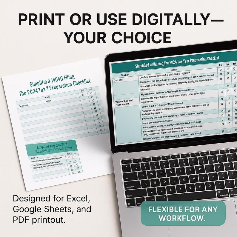 Printable and digital 1040 checklist for flexible workflows. Works in Excel, Google Sheets, or as a PDF printout. Shown side-by-side on laptop and paper format. Perfect for preparers who like both paper review and digital tracking. Designed for hybrid offices and client file organization.