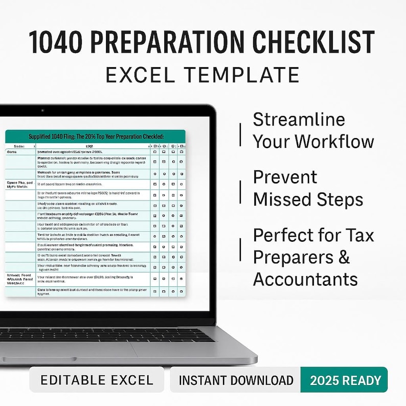 1040 preparation checklist Excel template for tax preparers and accountants. Designed to streamline 1040 workflow, prevent missed steps, and ensure accurate tax filing. Headline overlay highlights benefits like workflow efficiency and error reduction. Editable Excel format ready for 2025 filings. Perfect for CPAs, EAs, and firms managing multiple client returns.