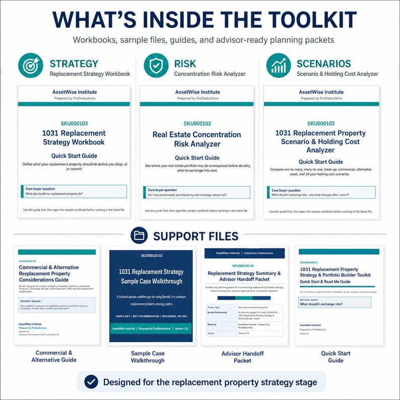 Puede incluir: Una descripci&oacute;n general de un kit de herramientas digital con tres secciones principales: Estrategia, Riesgo y Escenarios, seguidas de archivos de soporte. Cada secci&oacute;n incluye documentos blancos y azul oscuro con t&iacute;tulos como 1031 Replacement Strategy Workbook.
