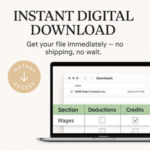 Instant digital download for the 1040 checklist Excel template. No shipping delays — ready for immediate use after purchase. Laptop display shows quick access to files. Great for professionals who need instant workflow tools during tax season. Saves time and delivers results right away.