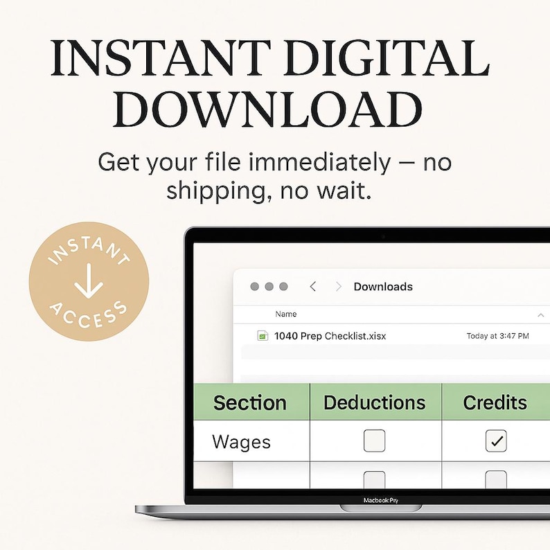 Instant digital download for the 1040 checklist Excel template. No shipping delays — ready for immediate use after purchase. Laptop display shows quick access to files. Great for professionals who need instant workflow tools during tax season. Saves time and delivers results right away.