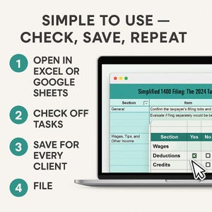 Simple step-by-step 1040 checklist process: open, check, save, file. Works in Excel or Google Sheets with no macros required. Visual cues guide preparers through every filing stage. Great for onboarding new staff and maintaining accuracy across returns. Perfect tool for firms standardizing their tax prep process.