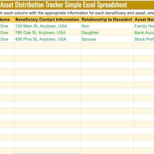 May include: A spreadsheet template for tracking beneficiary asset distribution. The spreadsheet has columns for beneficiary name, contact information, relationship to the deceased, and asset name or description. The template includes example entries for John Doe, Jane Doe, and Mary Doe.