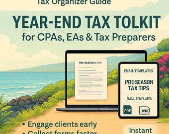 Formularios fiscales de fin de año | Consejos fiscales de fin de año para clientes | Plantillas de correo electrónico editables para clientes | Plantilla organizadora de impuestos para contadores públicos certificados (CPA) y agentes inscritos (EA) | Kit de preparación para el formulario 1040