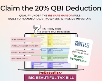 Deducción de QBI Factura grande y hermosa Rastreador de bienes raíces Propietarios Puerto seguro de 250 horas Plantillas de declaración del IRS Registro de impuestos Hoja de planificación de alquiler