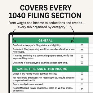 Close-up of 1040 checklist tabs labeled general, income, deductions, and credits. Arrows highlight organization and structure. Ensures complete coverage for every filing section. Perfect for detailed tax preparers and CPAs. Shows the professional layout buyers can expect inside the file.