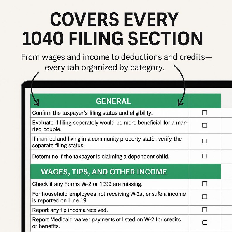 Close-up of 1040 checklist tabs labeled general, income, deductions, and credits. Arrows highlight organization and structure. Ensures complete coverage for every filing section. Perfect for detailed tax preparers and CPAs. Shows the professional layout buyers can expect inside the file.