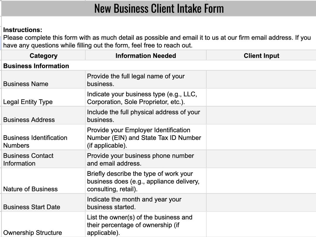 New Business Client Intake Form - Excel Template | Organized Business ...