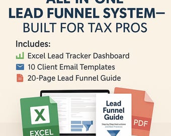 Plantilla de seguimiento de clientes potenciales para profesionales de impuestos, contadores públicos certificados (CPA) y agentes inscritos (EA). Sistema de embudo de clientes de 3 etapas. Panel de control de Excel. Plantillas de correo electrónico y guía de conversión de clientes potenciales.