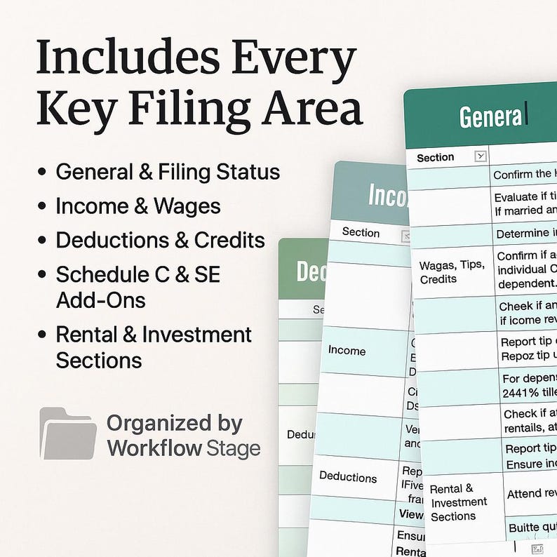 Comprehensive 1040 workflow checklist covering general filing, income, deductions, and credits. Tabs are pre-organized for faster client review. Each section includes clear headers and checkboxes for audit-ready documentation. Ideal for CPAs managing detailed 1040 filings. Structured for step-by-step tracking from start to finish.