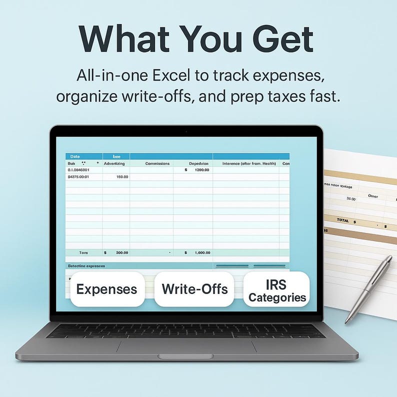 A feature breakdown infographic showing included calculators, trackers, and planning tools. Screenshot showcases real worksheets with clear categories for expenses and property information. Visuals emphasize organization, accuracy, and readiness. Body text highlights how users can save time with pre-built formulas. Designed for real estate investors and CPAs looking for complete reporting support.