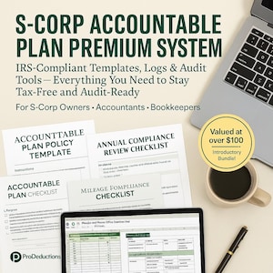 May include: An overhead shot of a laptop, documents, and a coffee cup. The documents include checklists and templates for S-Corp owners, accountants, and bookkeepers. The text on the documents includes "Accountable Plan" and "Annual Compliance Review Checklist."