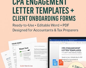 Plantilla de carta de compromiso para contadores públicos certificados (CPA). Carta de compromiso fiscal. Formulario de incorporación de clientes. Acuerdo con el cliente editable para contadores y preparadores de impuestos (PDF).