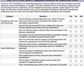 Form 1041 FINAL Return Preparation Checklist for Estates and Trusts