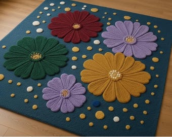 Alfombra de lana tejida a mano con diseño floral en 3D.