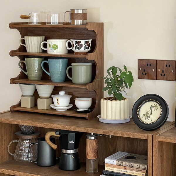 Coffee Tea Mug Storage,Cubby Kitchen Shelf, Coffee Bar, Desktop shelves box,Special Shape Wooden Shelf with Drawer, Coffee Tea Cup Holder