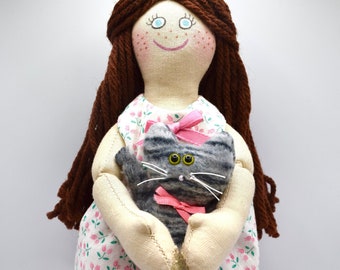 Girl Doll Holding A Cat - Toys For Kids / Adults - Handmade Gift