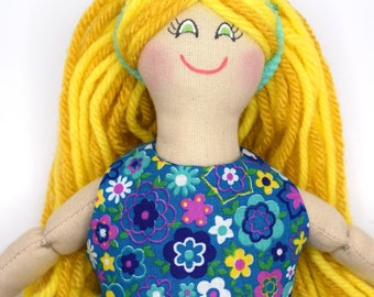 Girl Doll In Flower Power Shirt - Kids' Toy - Handmade Cloth Doll