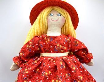 Blond Girl Doll In Fancy Red Dress & Hat - Toy For Kids / Adults - Handmade