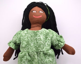 Toy African American Girl Doll In Green Dress - For Kids / Adults - Handmade Gift