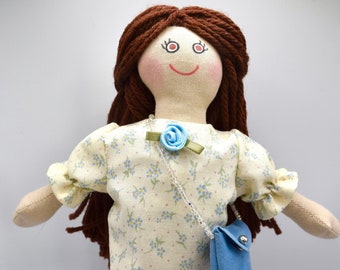 Brown-Eyed Girl Doll With Blue Purse - Toy For Kids / Adults - Handmade 9 Inch Doll