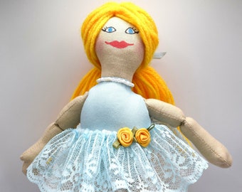 Blond Ballerina Doll In Blue & White Lace Tutu - Toy For Kids / Adults - Handmade