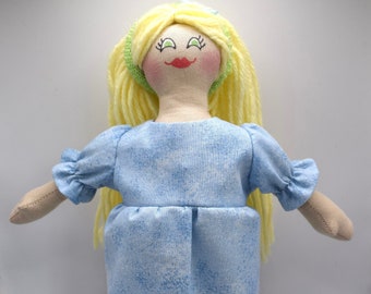 Blond Girl Doll In Blue Dress - Toys For Kids / Adults - Handmade 9 Inch Doll