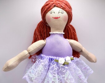 Ballerina Doll With Red Hair In Purple & White Tutu - Toys For Kids / Adults - Handmade