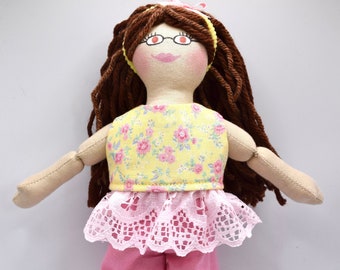 Doll With Glasses & Brown Hair - Toys For Kids - Handmade Cloth Dolls