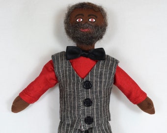 Black Guy Doll In Gray Pinstripe Suit - One Of A Kind Gift - Bearded Doll