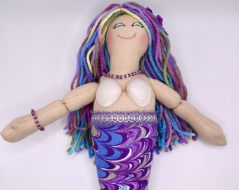 Mermaid Doll With Purple Tail & Rainbow Hair - Toy / Art Doll - Handmade For Kids Or Adults