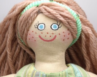 Girl Doll With Blue Eyes & Freckles - Kids' Toy - Handmade 9 Inch Cloth Doll