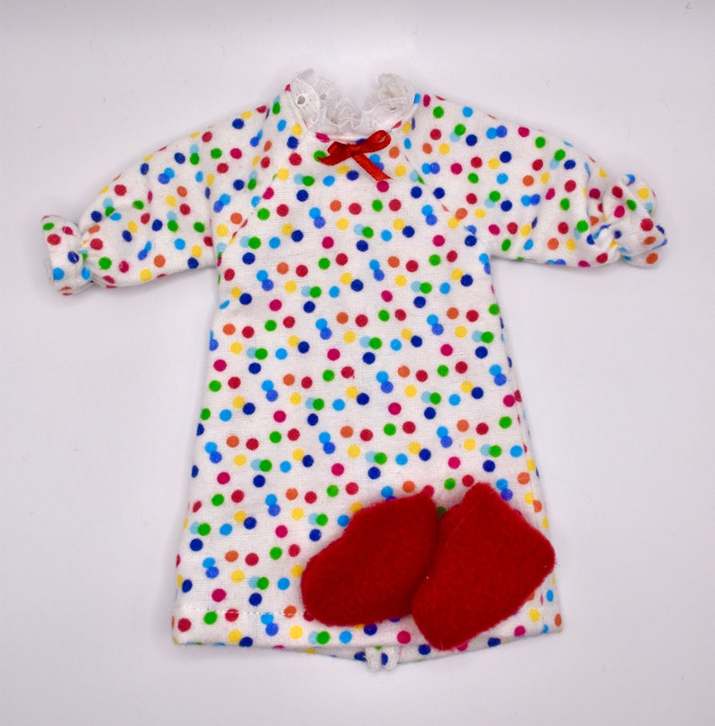 Doll Clothes: White Nightgown With Polka Dots & Red Slippers Toys For Kids Handmade image 1